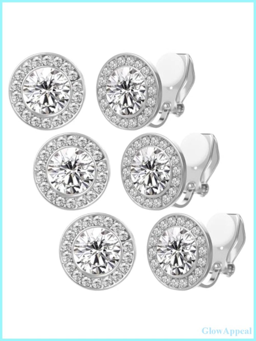 3 Pairs Rhinestone Clip On Earrings Women Dance Competition Halo Stud